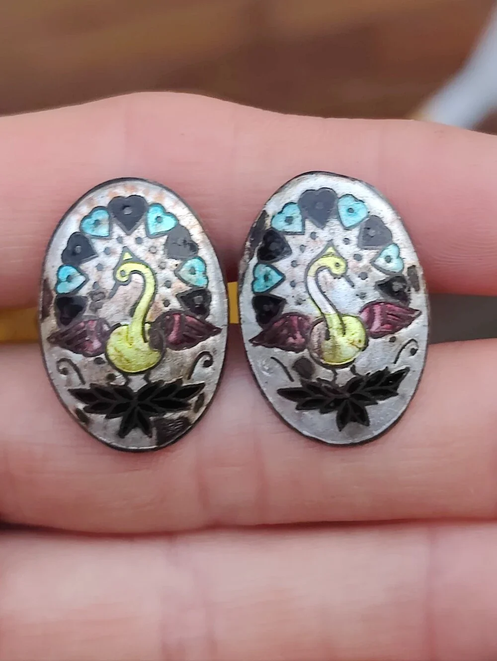 🦚 Vintage Enameled Peacock Cufflinks
